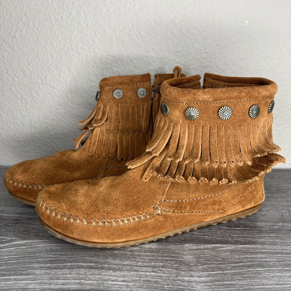 Minnetonka Brown Suede Moccasins Womens 7 Double Fringe Zipper Ankle Bootie